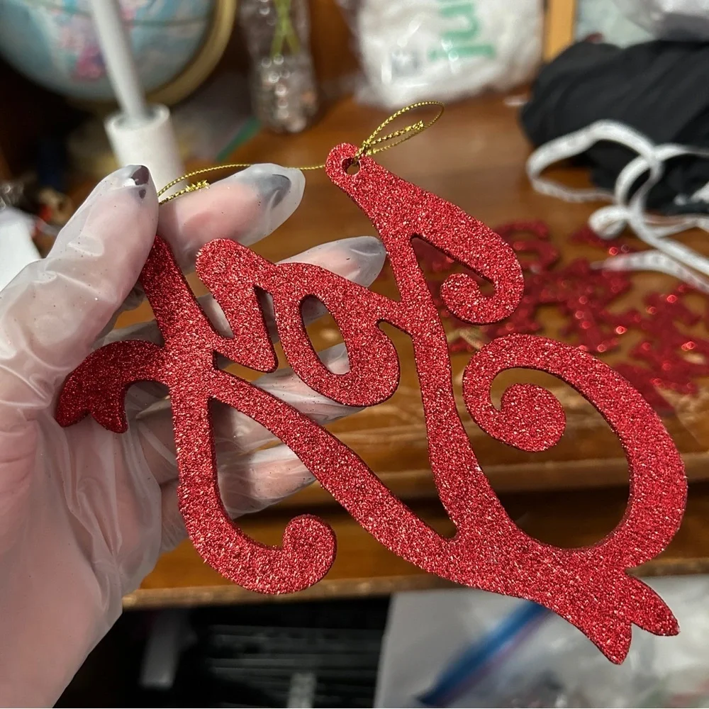 Red Glittery Cursive “Joy” Christmas Ornament - “Dressing”